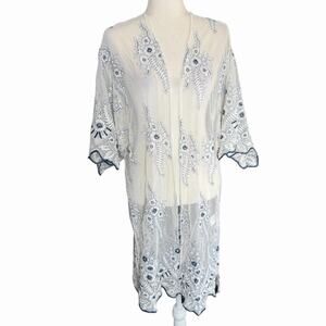 Blue Rain Sheer Kimono Duster White Embroidery Sz M Bohemian Angelcore Boho